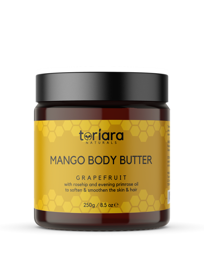 Toriara Naturals Mango Body Butter in amber glass jar for skin hydration."