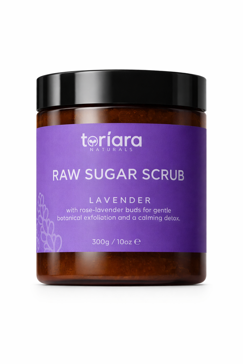Toriara Naturals Lavender Raw Sugar Scrub 300g jar for gentle botanical exfoliation.