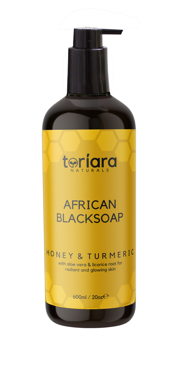 Toriara Naturals African Black Soap liquid cleanser in a premium pump bottle.