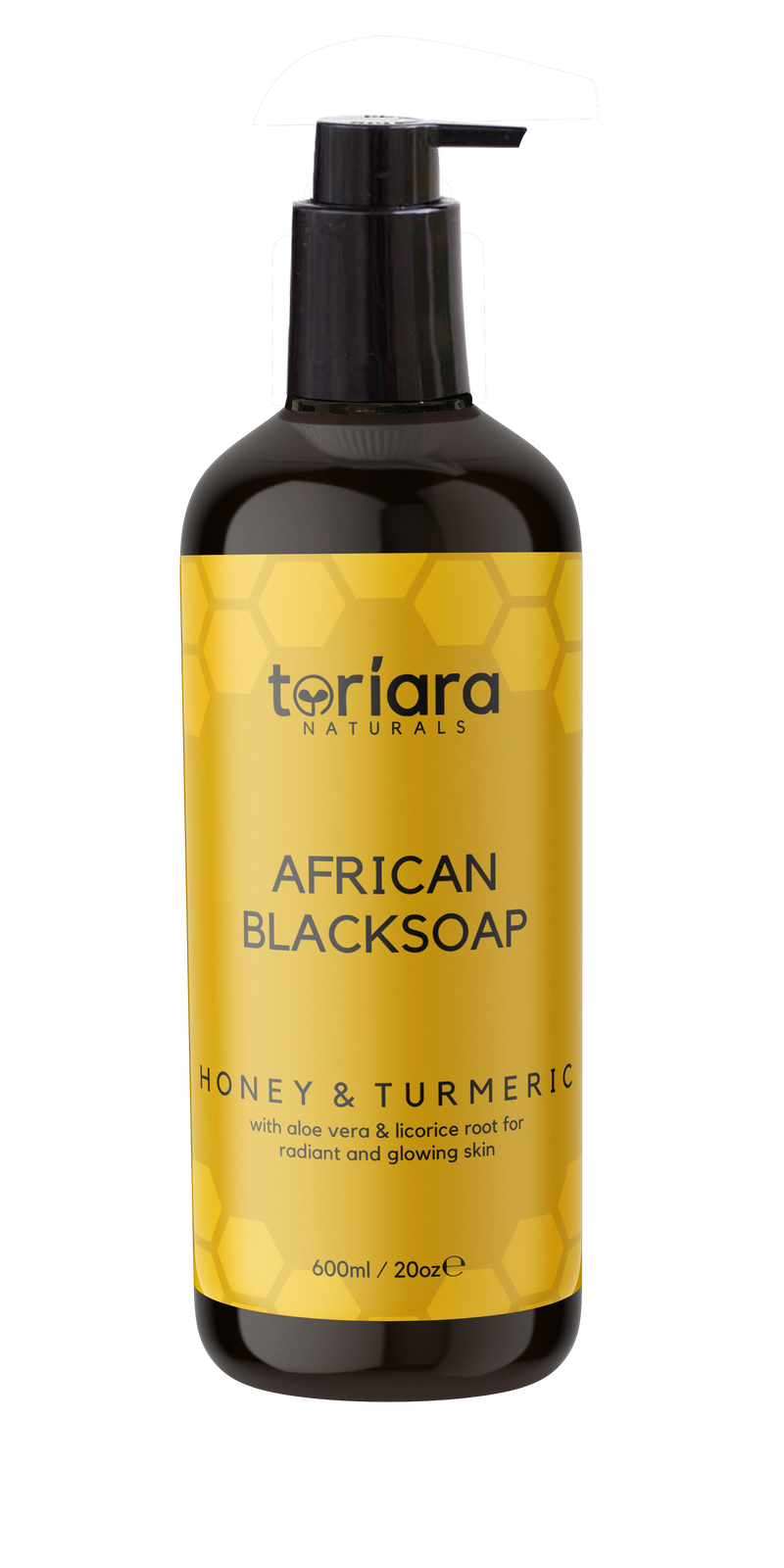Toriara Naturals African Black Soap liquid cleanser in a premium pump bottle.
