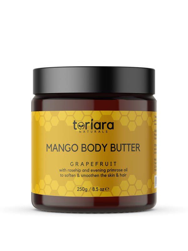 Toriara Naturals Mango Body Butter in amber glass jar for skin hydration.